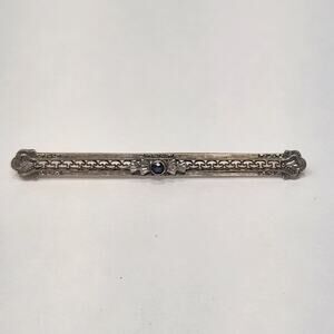 Art Deco Antique 10k White Gold Filigree Bar Pin Brooch Blue Sapphire Edwardian